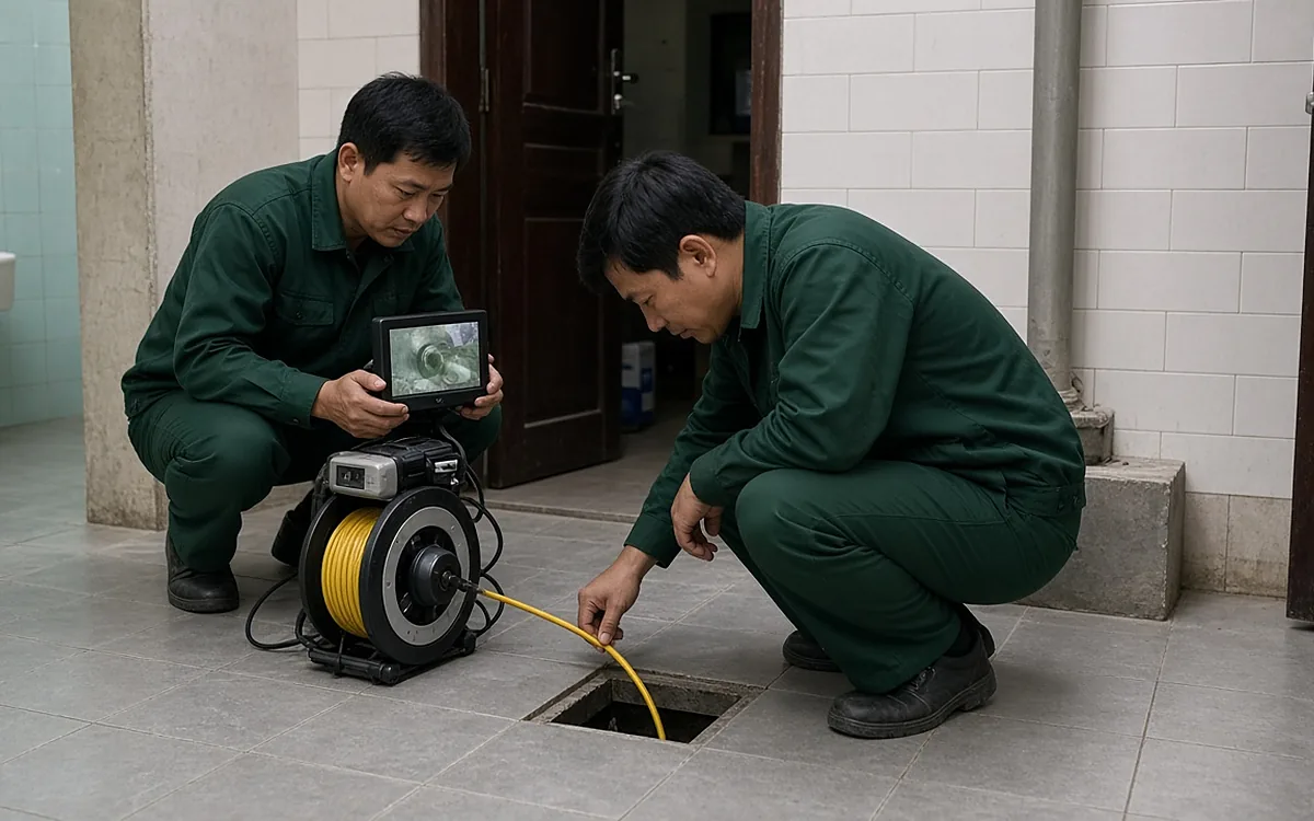Hai kỹ thuật viên mặc đồng phục xanh lá đậm ngồi xổm trong khu vệ sinh lát gạch, một người đưa dây cáp camera màu vàng vào miệng thoát nước đã mở nắp trên sàn, người kia cầm màn hình gắn trên tang cuộn cáp để theo dõi hình ảnh trong ống