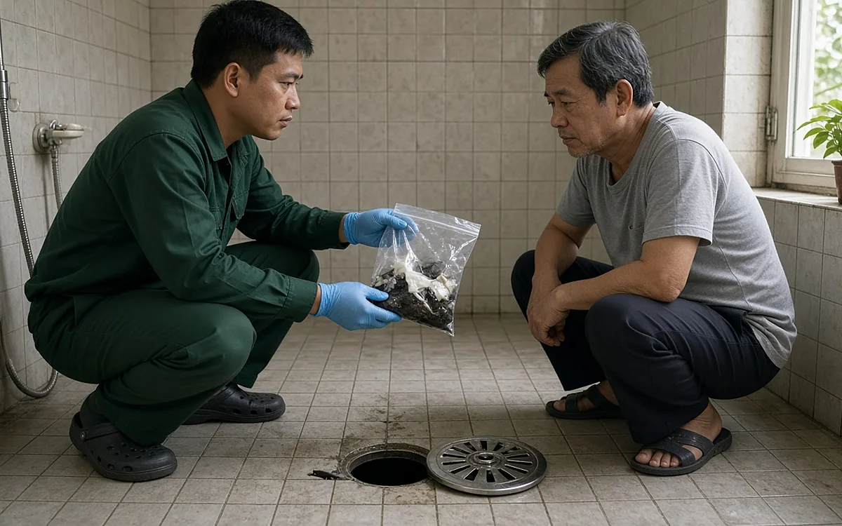 Kỹ thuật viên mặc đồng phục xanh lá đậm, đeo găng tay y tế xanh ngồi xổm trong nhà tắm lát gạch, cầm túi nilon trong đựng tóc, rác và cặn bẩn màu đen vừa lấy ra từ thoát sàn cho người đàn ông lớn tuổi mặc áo xám xem, nắp thoát sàn inox đã được nhấc ra đặt cạnh miệng ống