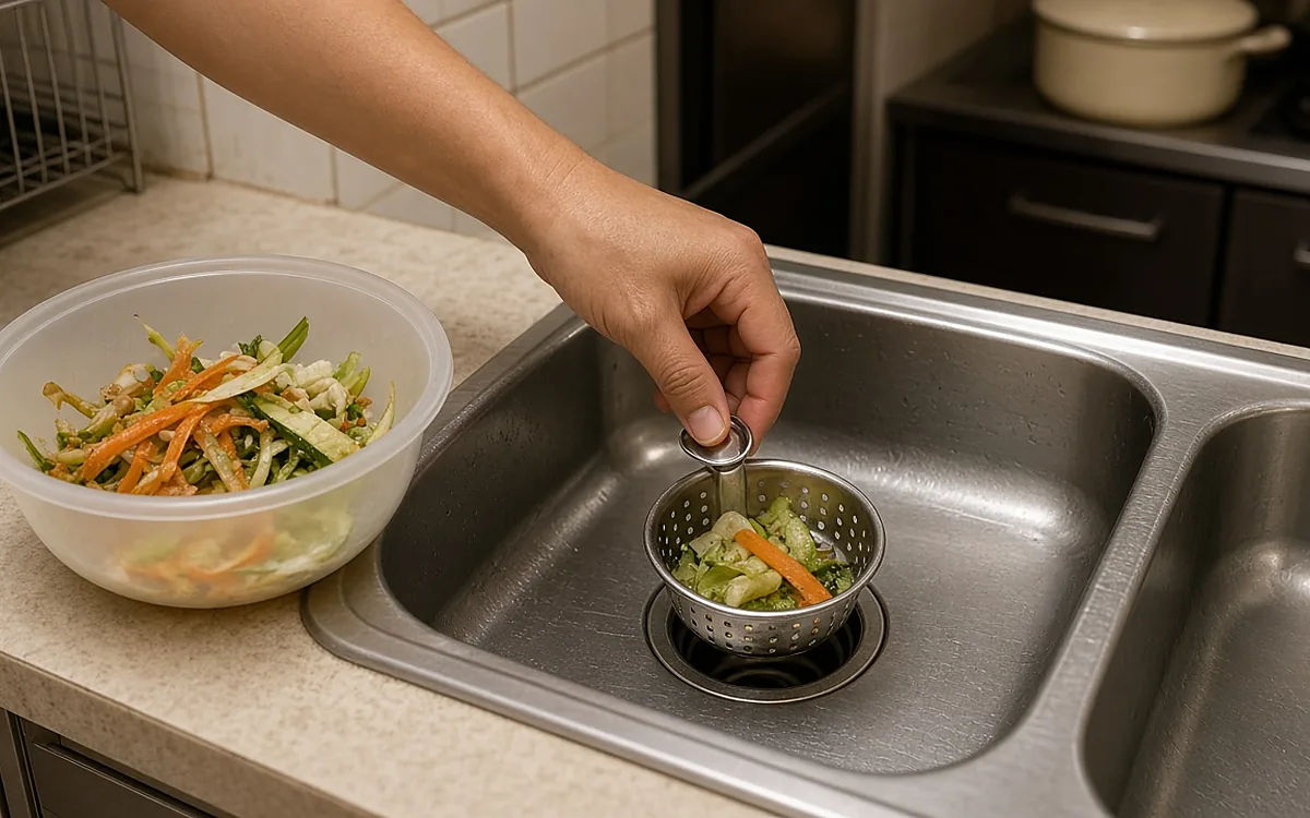 Bàn tay đặt chiếc rọ lọc rác inox nhỏ có lỗ tròn vào miệng xả bồn rửa bát inox, trong rọ đã giữ lại vụn rau củ, bên cạnh trên mặt bếp là bát nhựa trong đựng rau củ thừa