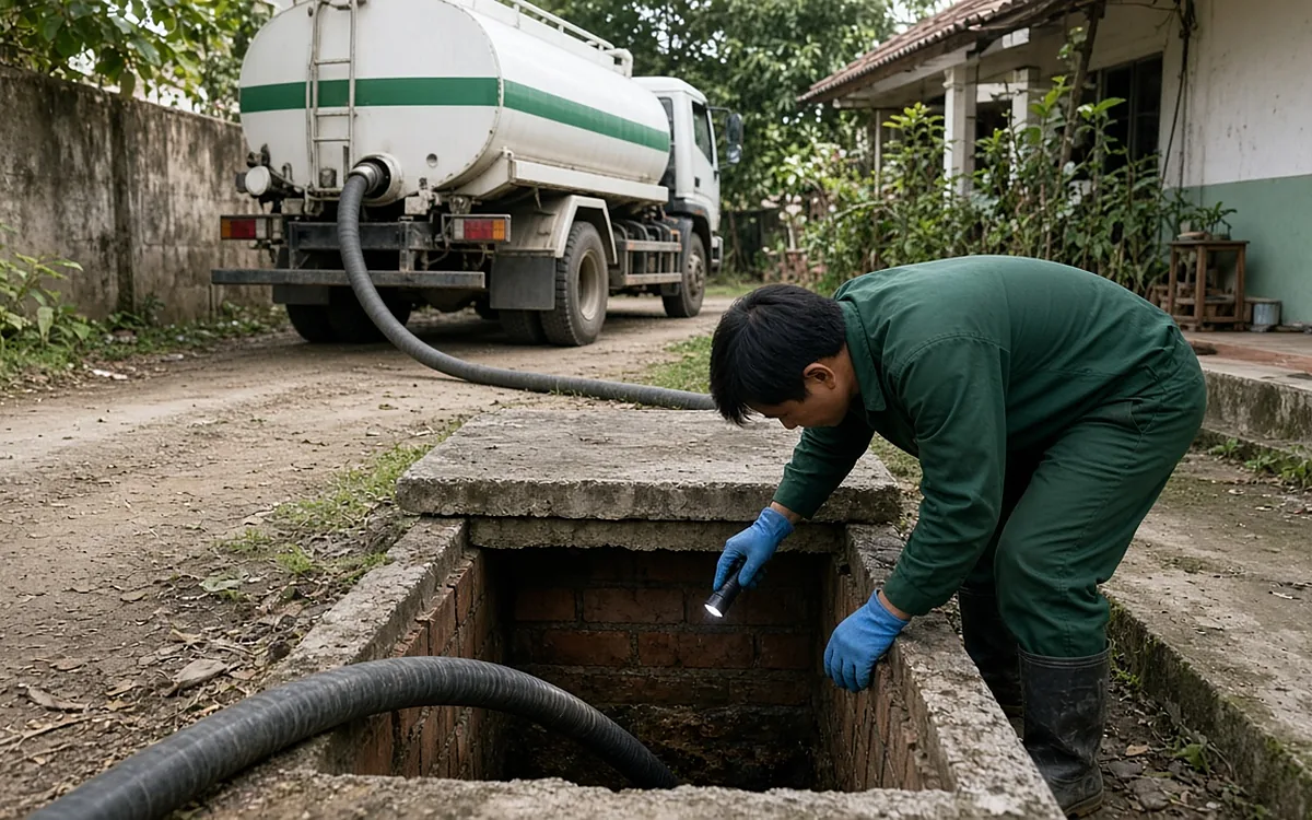 Xe hút bể phốt màu trắng sọc xanh lá đỗ trên đường đất phía sau, ống hút đen kéo dài tới bể phốt xây gạch đã mở nắp, công nhân đồng phục xanh đậm đeo găng tay xanh dương cúi người soi đèn pin vào lòng bể vừa hút sạch để kiểm tra thành gạch