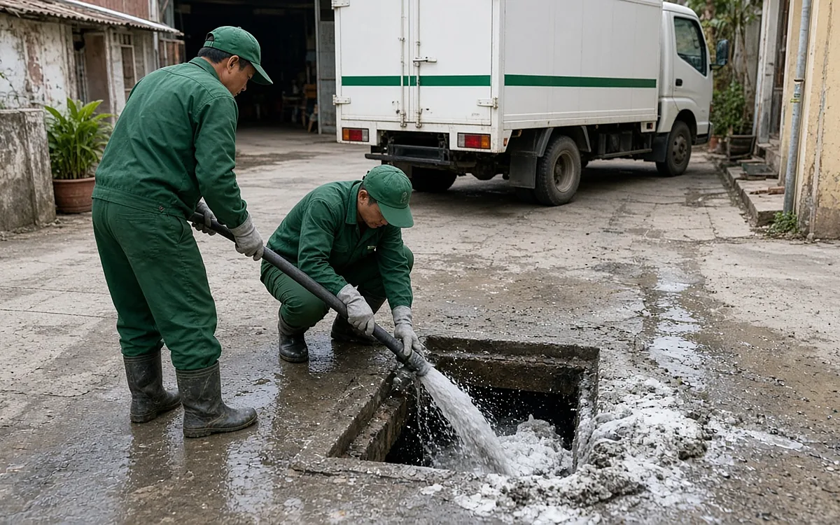 Hai công nhân mặc đồng phục xanh đậm, đội mũ lưỡi trai, đi ủng cao su dùng vòi nước áp lực cao xả vào hố ga bê tông đã mở nắp trên sân xi măng, dòng nước cuốn cặn trắng xám tràn quanh miệng hố, phía sau là xe tải thùng trắng có sọc xanh lá
