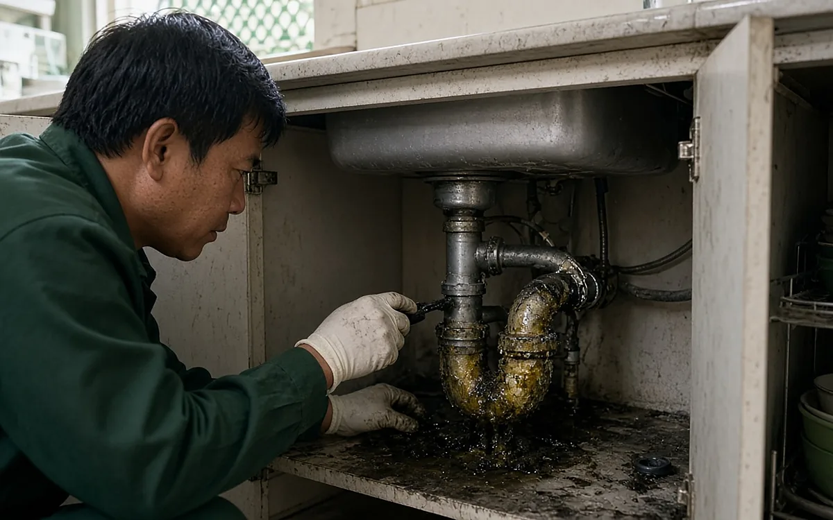 Kỹ thuật viên đồng phục xanh tháo xi phông bám đầy cặn mỡ đen dưới chậu rửa bát trong tủ bếp một nhà ở Kiến An Hải Phòng
