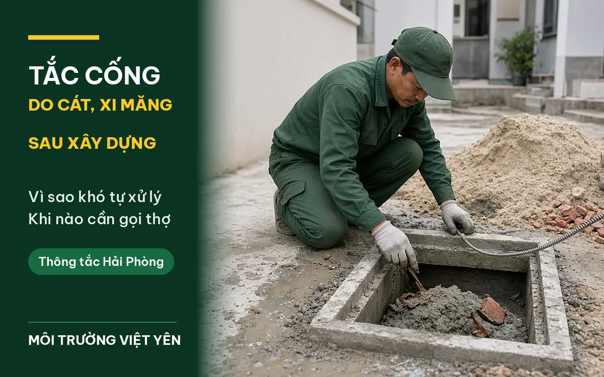 Kỹ thuật viên mặc đồng phục xanh đậm, đội mũ lưỡi trai, đeo găng tay len quỳ bên hố ga bê tông đã mở nắp chứa đầy bùn cát xi măng xám và mảnh gạch vỡ, phía sau là đống cát, bao xi măng và máy thông tắc, ảnh bìa bài tắc cống do cát sau xây dựng