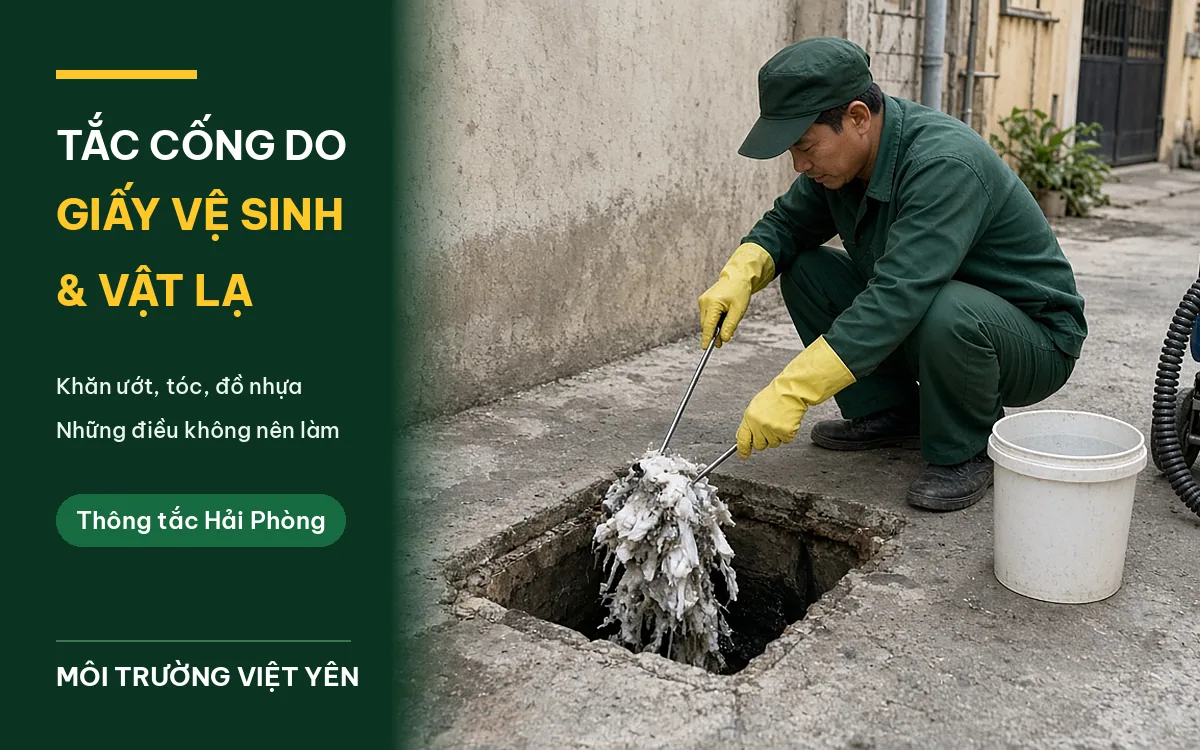 Kỹ thuật viên mặc đồng phục xanh đậm, đội mũ lưỡi trai, đeo găng tay cao su vàng ngồi bên hố ga vuông đã mở nắp trong ngõ, dùng móc sắt kéo lên một búi khăn ướt và giấy vệ sinh bết bùn, cạnh đó là xô nhựa trắng, ảnh bìa bài tắc cống do giấy vệ sinh và vật lạ