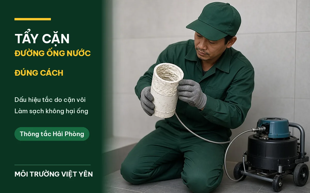 Kỹ thuật viên mặc đồng phục xanh đậm, đội mũ lưỡi trai, đeo găng tay xám quỳ trong phòng tắm lát gạch xám, cầm đoạn ống nhựa PVC trắng bị cắt rời có lớp cặn vôi trắng bám dày bên trong, máy thông tắc nhỏ đặt bên phải, ảnh bìa bài tẩy cặn đường ống nước