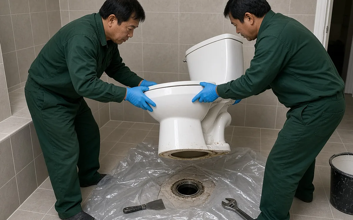 Hai kỹ thuật viên đồng phục xanh đậm, găng tay xanh dương nhấc bồn cầu sứ trắng ra khỏi sàn đặt lên tấm nilon bảo vệ, lộ lỗ thoát tròn dưới sàn, cạnh cờ lê, bay sủi và xô nhựa