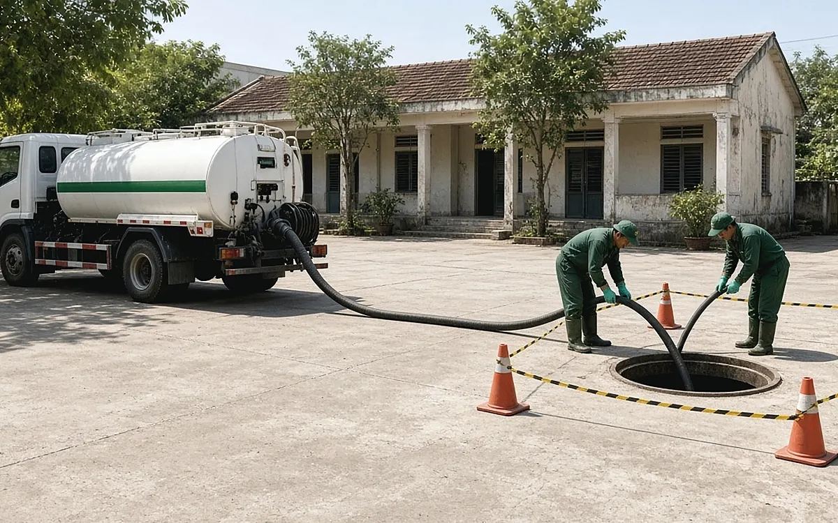 Xe hút bể phốt trắng sọc xanh đỗ gần khu nhà vệ sinh cơ sở y tế, ống hút nối tới nắp hầm, cọc tiêu cam và dây vàng đen rào vùng dịch vụ, hai kỹ thuật viên đồng phục xanh thao tác