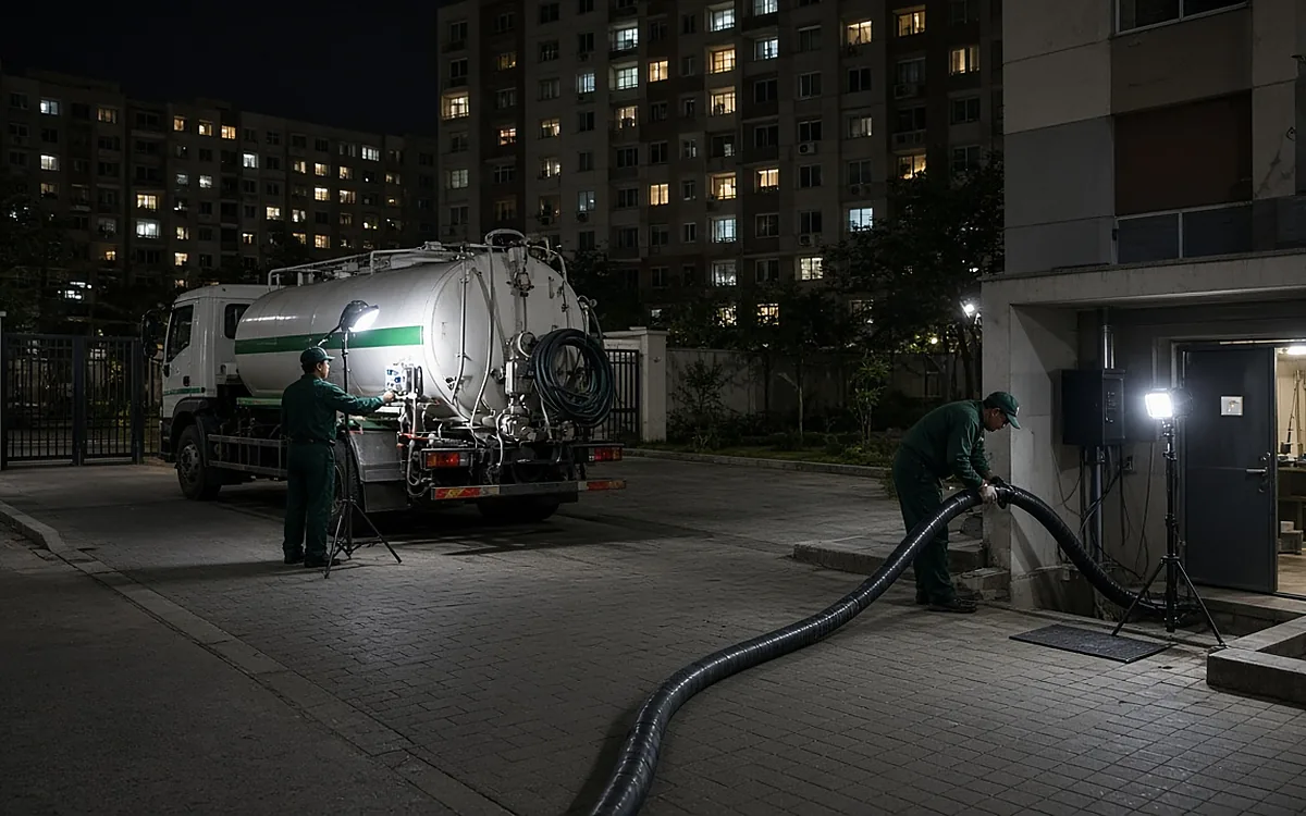 Xe hút bể phốt trắng sọc xanh thi công ban đêm tại sân chung cư Hải Phòng, ống hút đen kéo tới cửa kỹ thuật, hai kỹ thuật viên đồng phục xanh dưới đèn công trường