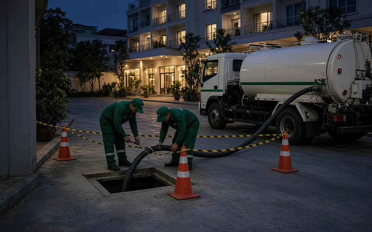 Buổi tối, hai kỹ thuật viên đồng phục xanh đậm hút bể phốt tại sân dịch vụ khách sạn với xe hút trắng, ống hút vào miệng hầm, cọc tiêu cam và dây cảnh báo vàng đen, ánh đèn cửa sổ phòng khách phía sau