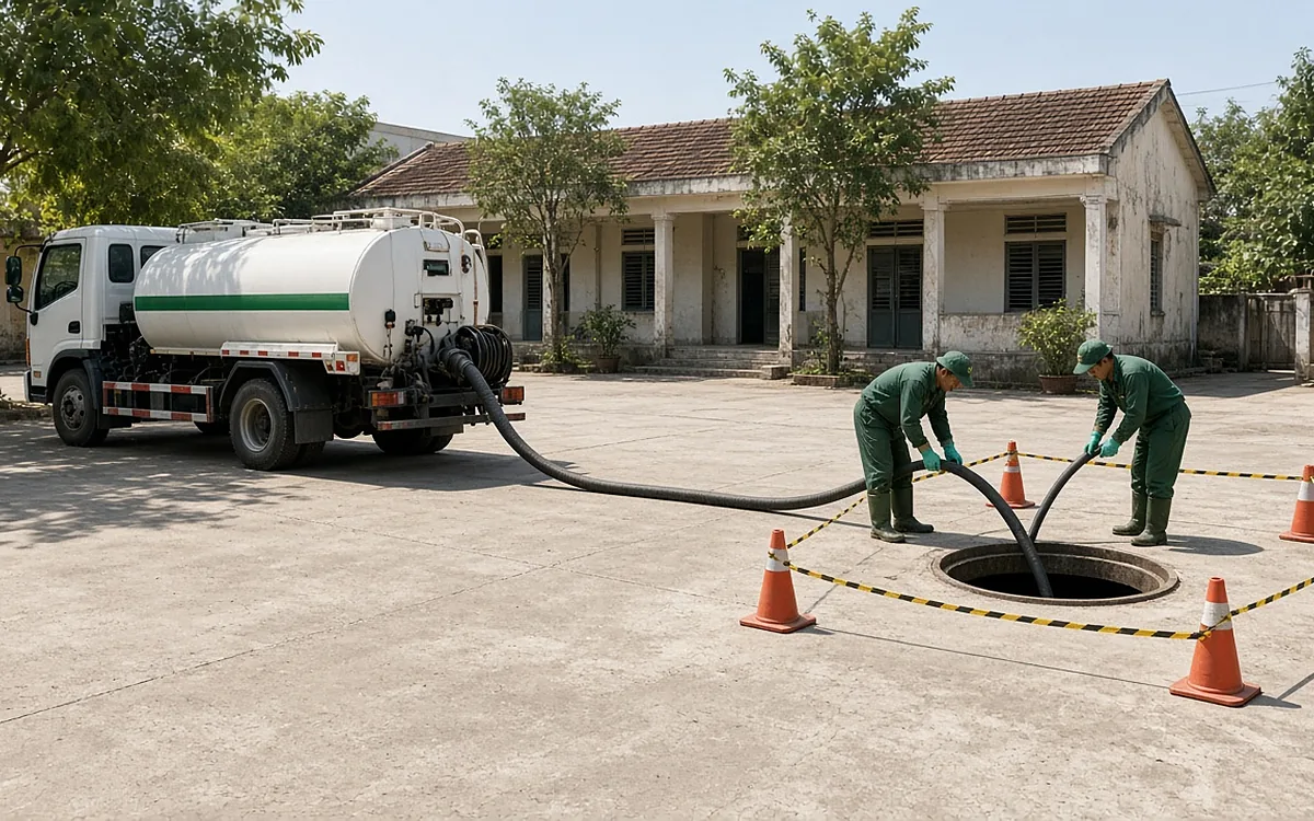 Xe hút bể phốt trắng sọc xanh trên sân trường trống trước dãy nhà cấp bốn, ống hút nối tới nắp hầm tròn, cọc tiêu cam và dây vàng đen rào khu vực thi công, hai kỹ thuật viên đồng phục xanh