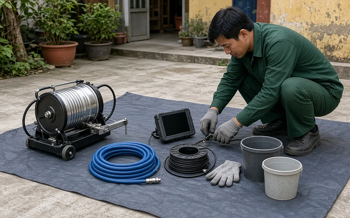 Bộ thiết bị thông tắc cống xếp trên bạt gồm máy lò xo, ống phun áp lực màu xanh, cuộn cáp và màn hình camera nội soi, kỹ thuật viên đang kiểm tra