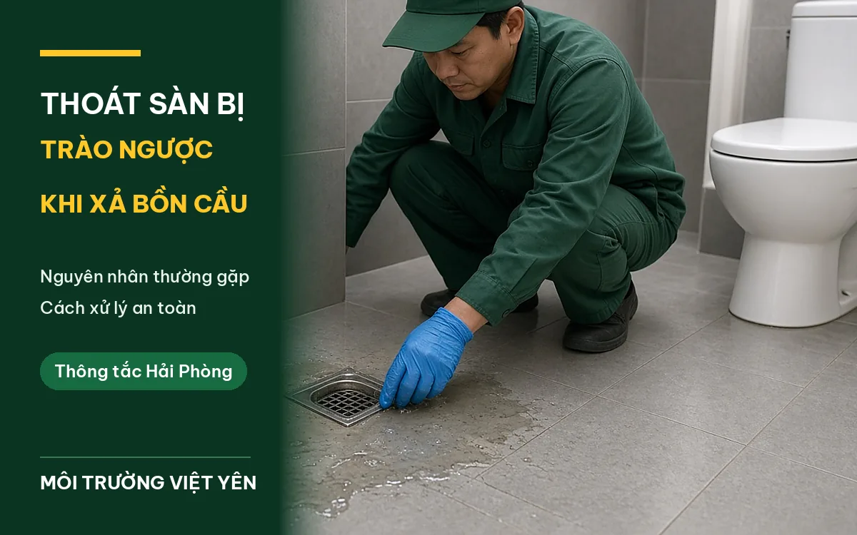 Kỹ thuật viên mặc đồng phục xanh đậm, đội mũ lưỡi trai, đeo găng tay xanh dương ngồi xổm kiểm tra phễu thoát sàn inox đang tràn nước bẩn trên nền gạch xám, bồn cầu trắng bên phải, ảnh bìa bài thoát sàn bị trào ngược khi xả bồn cầu