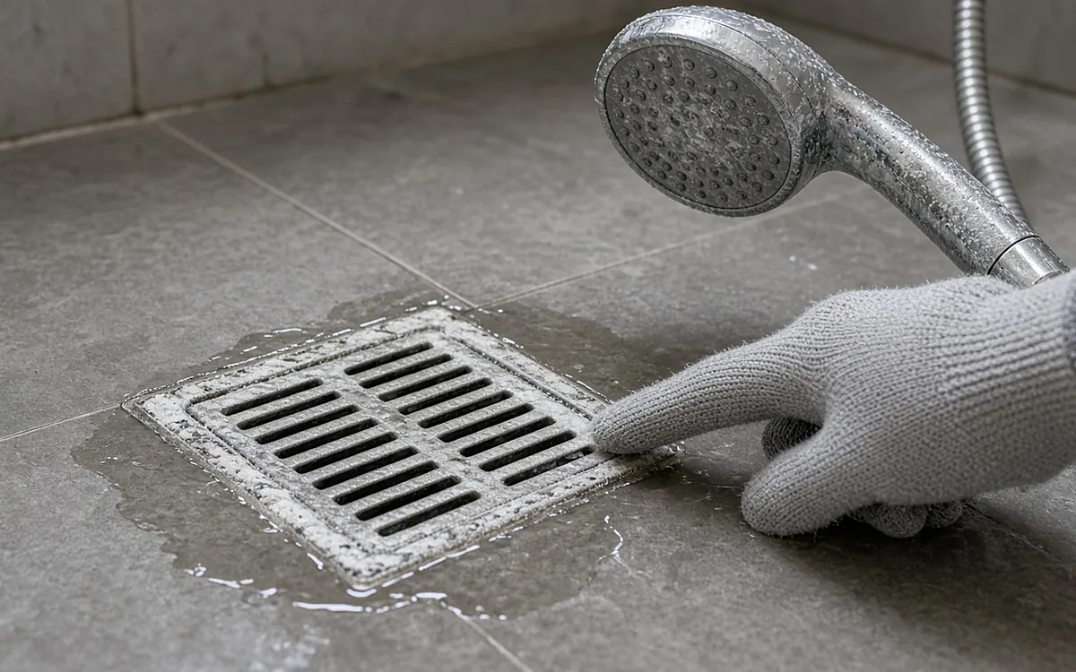 Cận cảnh nắp thoát sàn inox trên nền gạch xám có viền cặn vôi trắng bám quanh mép và khe nắp, nước đọng loang xung quanh, phía trên là vòi sen mạ crôm phủ lốm đốm cặn trắng, ngón tay đeo găng len xám chỉ vào nắp thoát sàn