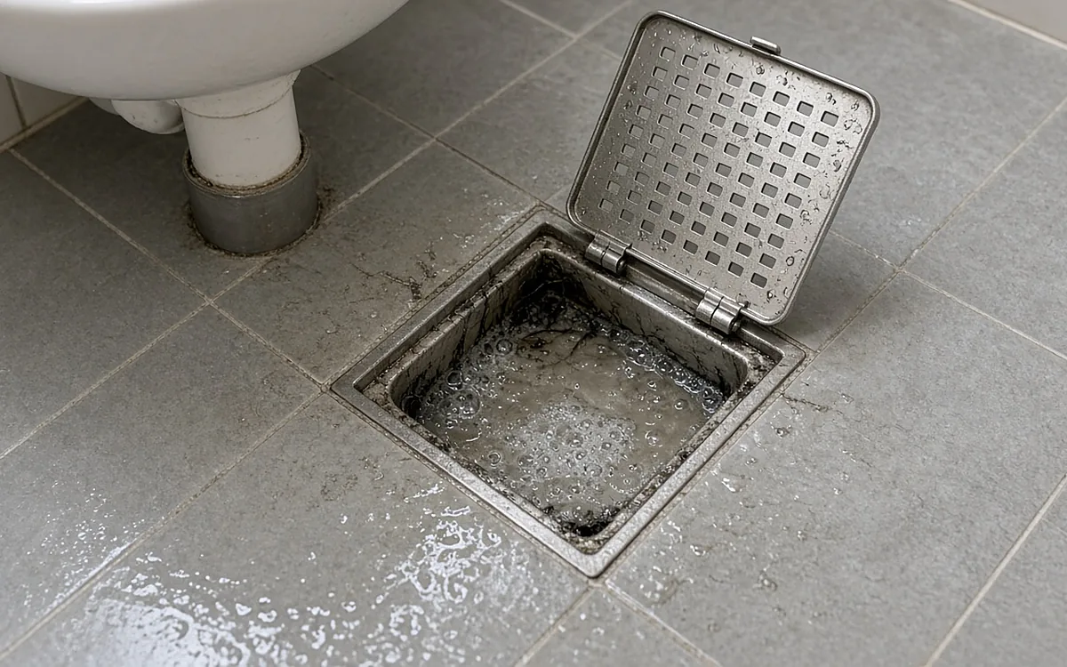 Phễu thoát sàn inox vuông trong nhà tắm lát gạch xám đã lật nắp, bên trong nước xà phòng đục nổi đầy bọt khí, phía sau là chân ống thoát của lavabo