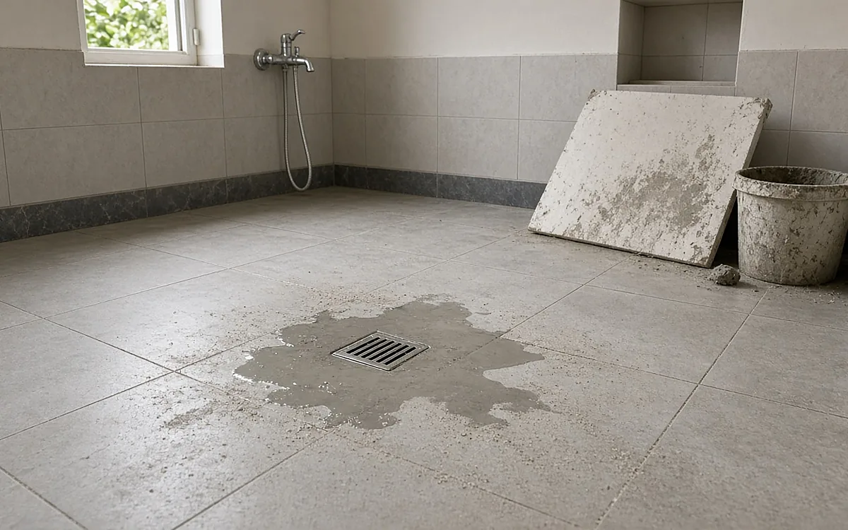 Phòng tắm mới lát gạch xám, nắp thoát sàn inox ở giữa bị vũng nước xám đục đọng xung quanh, bụi cát xi măng phủ lốm đốm trên mặt gạch, góc phòng dựng tấm gạch thừa và xô nhựa dính vữa