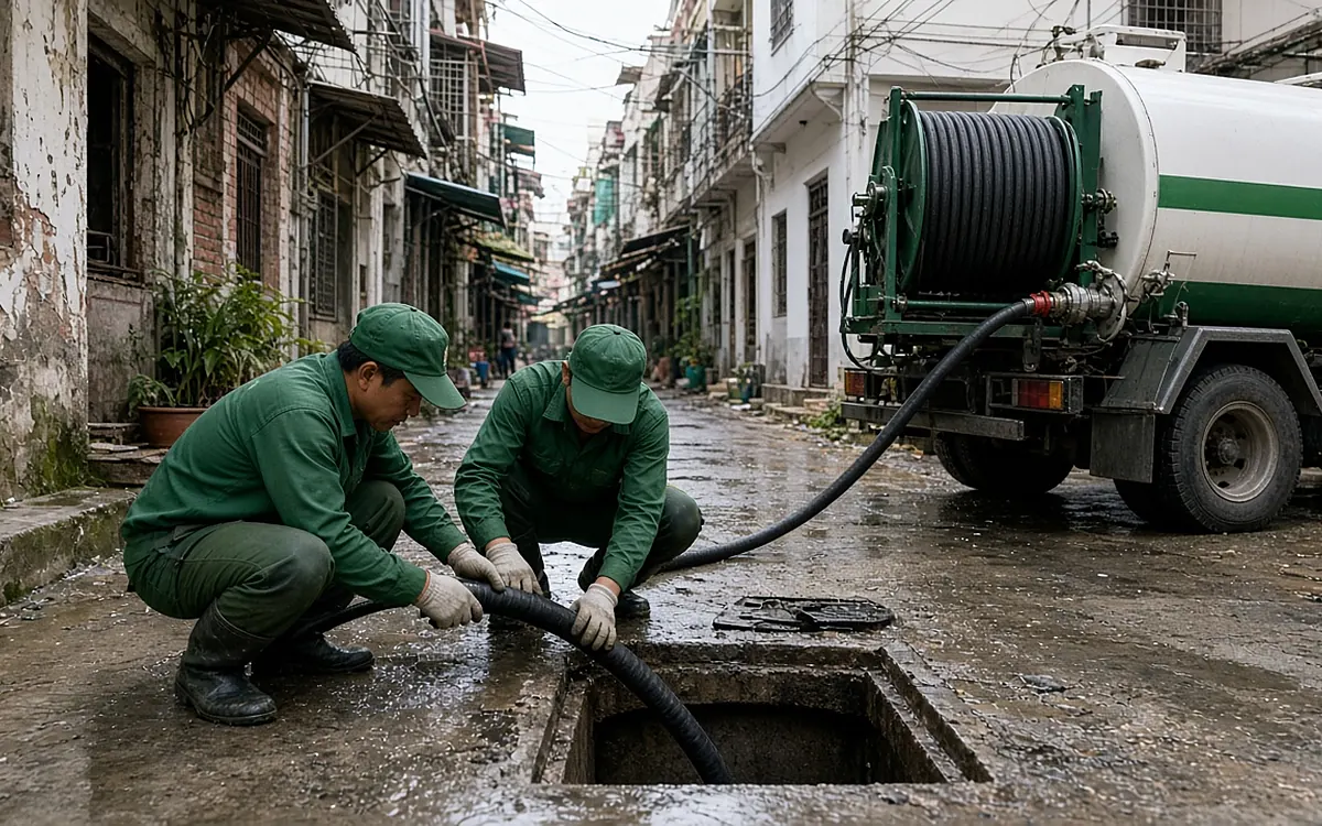 Hai công nhân mặc đồng phục xanh lá, đội mũ lưỡi trai ngồi xổm trong con ngõ hẹp khu dân cư Hải Phòng, cùng đưa ống vòi áp lực cao màu đen xuống hố ga bê tông vuông đã mở nắp, phía sau là xe bồn màu trắng sọc xanh lá có cuộn ống lớn