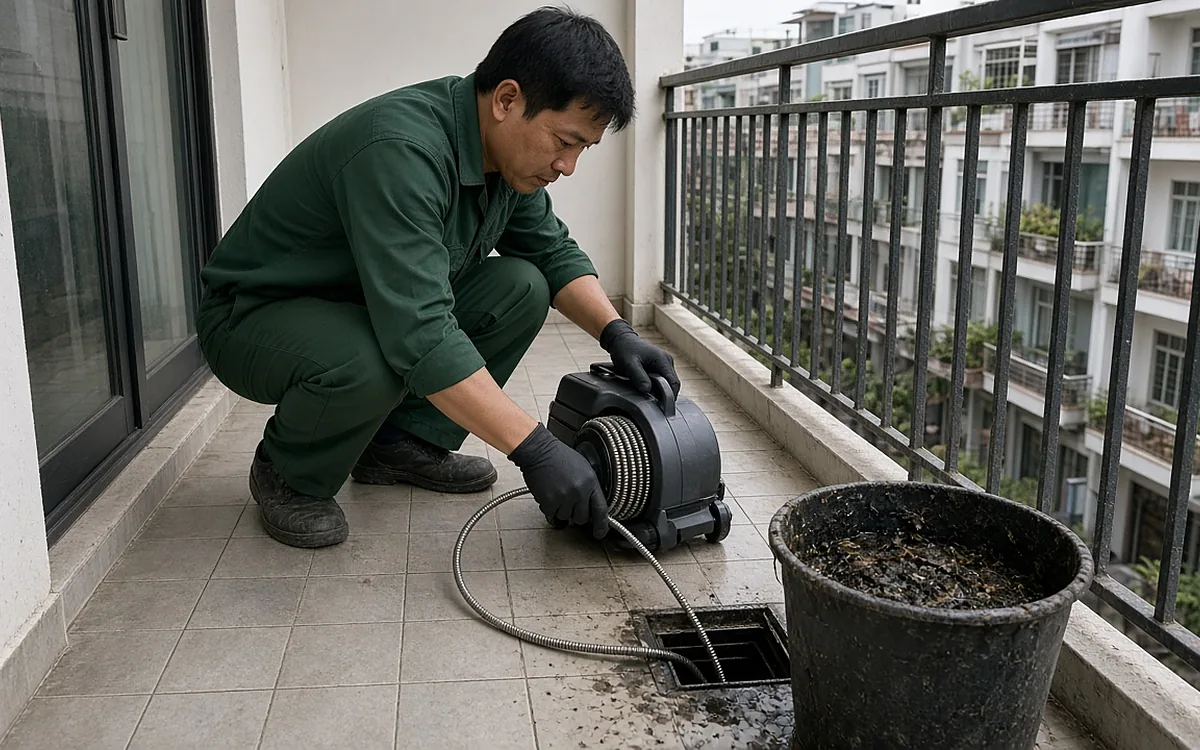 Kỹ thuật viên mặc đồng phục xanh đậm, đeo găng tay đen ngồi trên ban công chung cư, đưa dây lò xo từ máy thông tắc điện cầm tay vào lỗ thoát nước sàn, bên cạnh là xô đựng bùn đen và lá mục vừa lấy ra