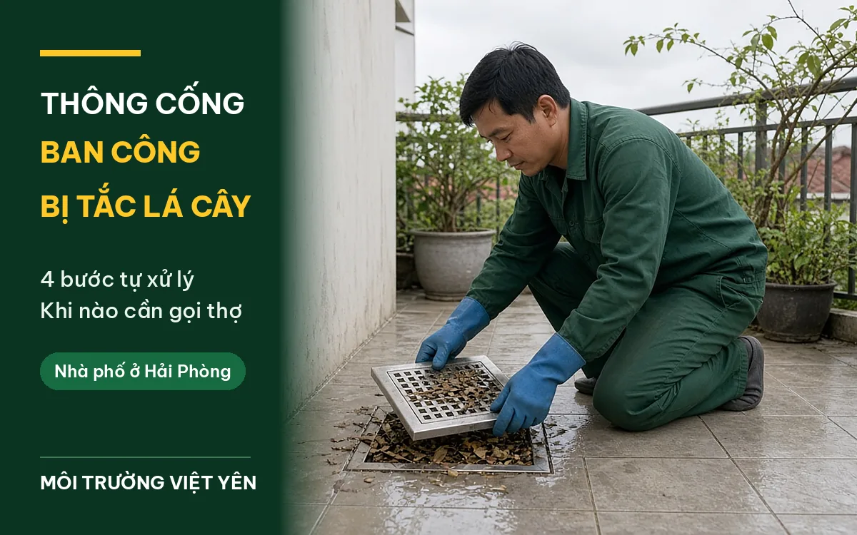 Kỹ thuật viên mặc đồng phục xanh đậm, găng tay xanh dương quỳ trên ban công lát gạch ướt mưa, nhấc tấm lưới inox của lỗ thoát nước đầy lá khô, ảnh bìa bài thông cống ban công bị tắc do lá cây và bụi bẩn