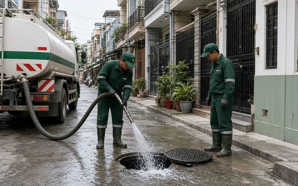 Hai công nhân mặc đồng phục xanh đậm, đội mũ lưỡi trai, đi ủng cao su trong ngõ phố nhà dân, một người cầm ống phun nối từ xe bồn trắng sọc xanh lá xịt tia nước vào hố ga tròn đã mở nắp, người còn lại đứng quan sát bên cạnh