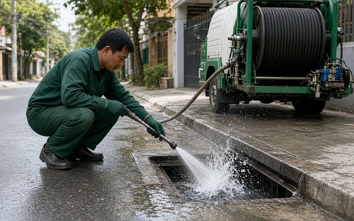 Kỹ thuật viên phun tia nước áp lực cao vào hố thu nước ven đường, xe phun rửa cống đỗ phía sau tại Thủy Nguyên