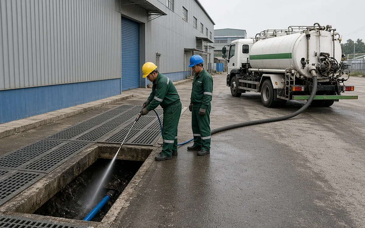 Hai công nhân đội mũ bảo hộ, mặc đồng phục xanh phun tia nước áp lực cao vào rãnh thoát nước đã mở song chắn cạnh nhà xưởng trong khu công nghiệp ở An Dương, xe hút trắng sọc xanh nối ống bên cạnh