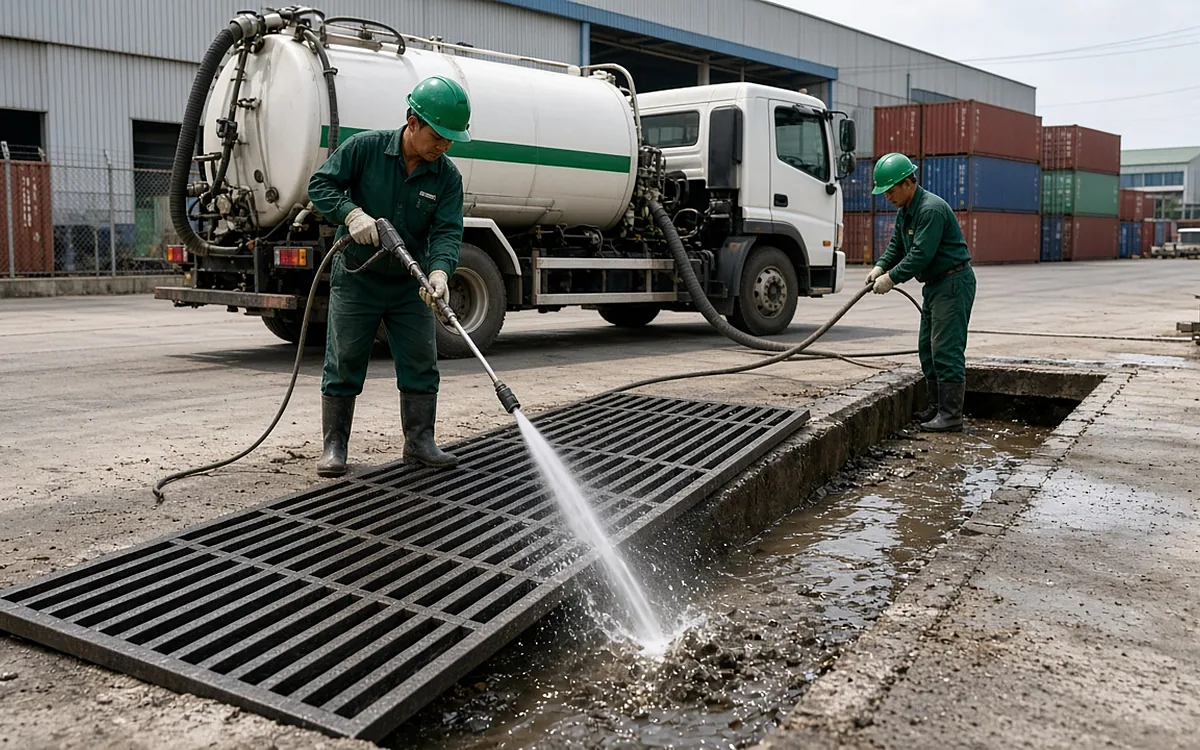Công nhân phun tia nước áp lực cao vào rãnh thoát nước bê tông đã mở nắp song chắn trong sân kho container, xe chuyên dụng sọc xanh đỗ phía sau