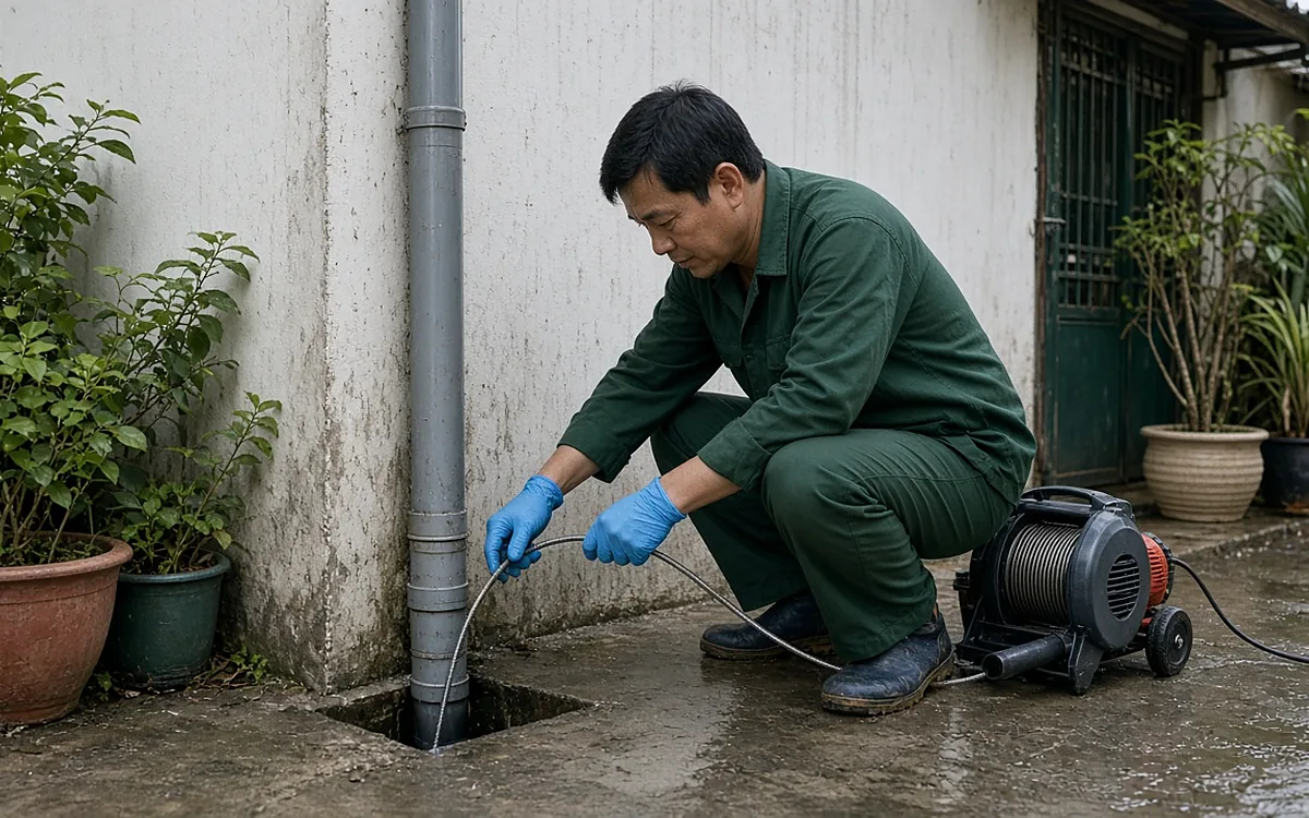 Kỹ thuật viên đồng phục xanh đậm, găng tay xanh dương ngồi xổm ở góc sân, luồn dây lò xo của máy thông cống điện vào miệng ống thoát nước mái màu xám cắm xuống nền sân, bên cạnh là các chậu cây và nền bê tông ướt