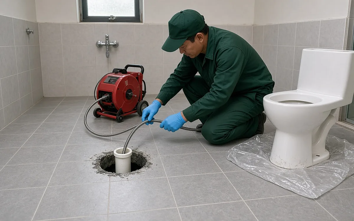 Kỹ thuật viên đồng phục xanh đậm, mũ xanh, găng tay xanh dương quỳ trên sàn gạch xám, đưa dây lò xo từ máy thông cống màu đỏ xuống lỗ ống thoát PVC trắng dưới sàn, bồn cầu đã tháo ra đặt bên cạnh trên tấm nilon