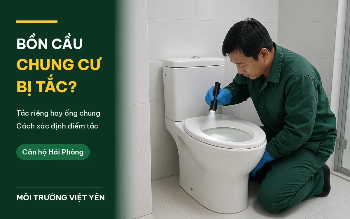 Kỹ thuật viên mặc đồng phục xanh đậm, đeo găng tay xanh dương quỳ cạnh bồn cầu trắng trong phòng tắm căn hộ, soi đèn pin vào lòng bồn có mực nước dâng cao, ảnh bìa thông tắc bồn cầu chung cư