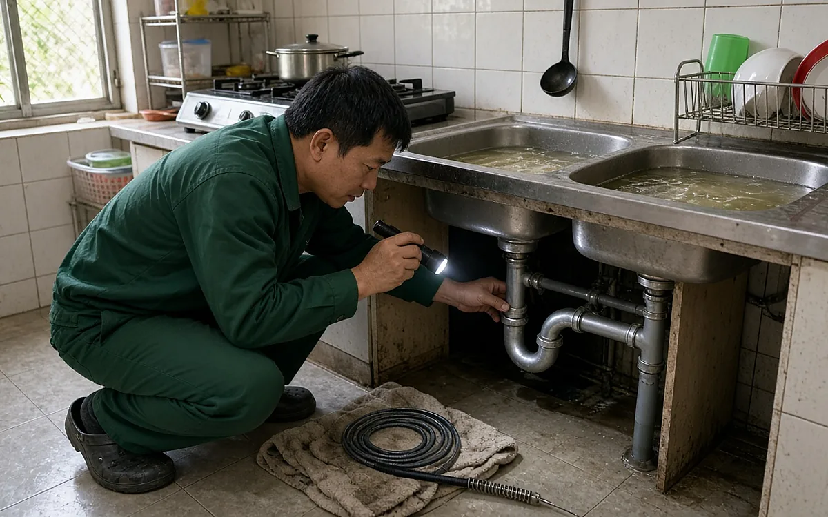 Kỹ thuật viên đồng phục xanh quỳ bên tủ bếp, rọi đèn pin vào xi phông dưới chậu rửa bát đang đọng nước lẫn váng dầu mỡ