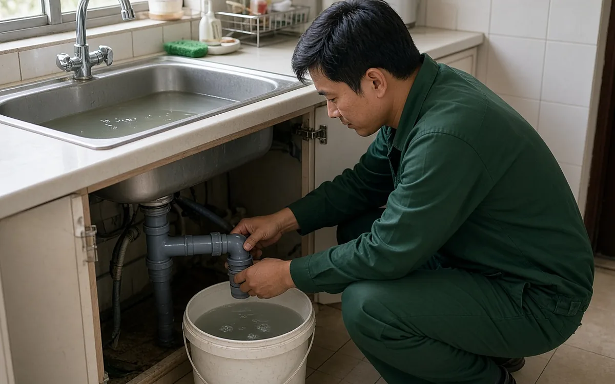 Kỹ thuật viên tháo xi phông dưới chậu rửa bát đọng nước, hứng nước bẩn vào xô nhựa tại một căn bếp ở Thủy Nguyên