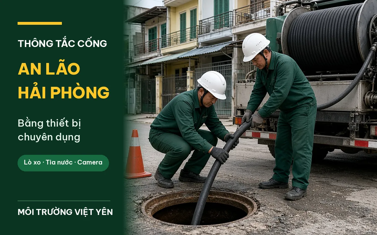 Hai kỹ thuật viên Môi Trường Việt Yên đội mũ bảo hộ đưa ống phun áp lực từ xe chuyên dụng xuống hố ga trên phố ở An Lão