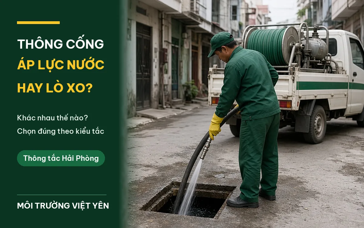 Kỹ thuật viên mặc đồng phục xanh lá đậm, đội mũ lưỡi trai, đeo găng tay vàng cầm vòi phun áp lực cao xịt nước xuống hố ga mở nắp trong ngõ dân cư, phía sau là xe tải trắng sọc xanh chở cuộn vòi, ảnh bìa bài so sánh thông tắc cống bằng áp lực nước và máy lò xo