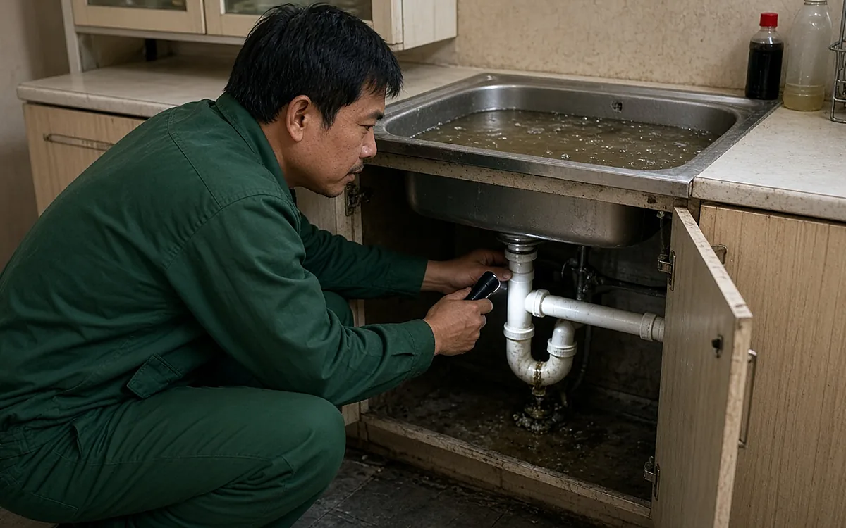 Kỹ thuật viên mặc đồng phục xanh lục quỳ cạnh chậu rửa bát đầy nước dầu mỡ trong nhà bếp, dùng đèn pin kiểm tra xi phông dưới chậu