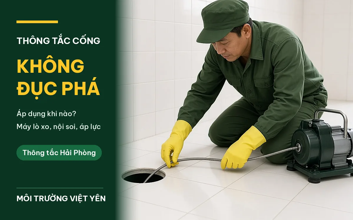 Kỹ thuật viên mặc đồng phục xanh đậm, đội mũ lưỡi trai, đeo găng tay cao su vàng quỳ trên sàn nhà tắm lát gạch trắng còn nguyên vẹn, đưa dây cáp thép của máy thông cống lò xo chạy điện vào miệng thoát sàn tròn đã mở nắp, ảnh bìa bài thông tắc cống không đục phá