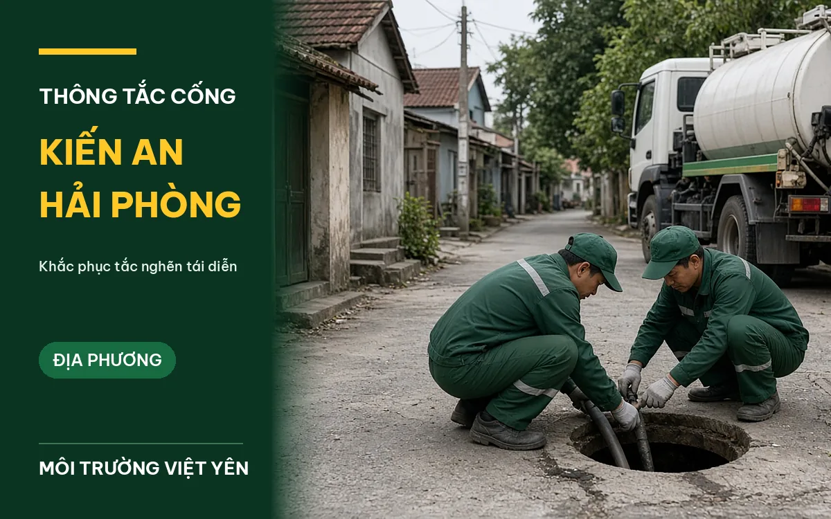 Kỹ thuật viên Môi Trường Việt Yên đồng phục xanh thao tác bên hố ga mở nắp trong ngõ nhà phố, xe chuyên dụng trắng sọc xanh đỗ gần khu vực Kiến An Hải Phòng
