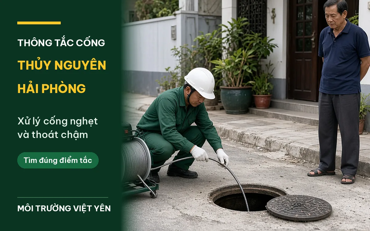 Kỹ thuật viên Môi Trường Việt Yên dùng máy lò xo thông tắc hố ga trước nhà phố ở Thủy Nguyên, chủ nhà đứng bên cạnh
