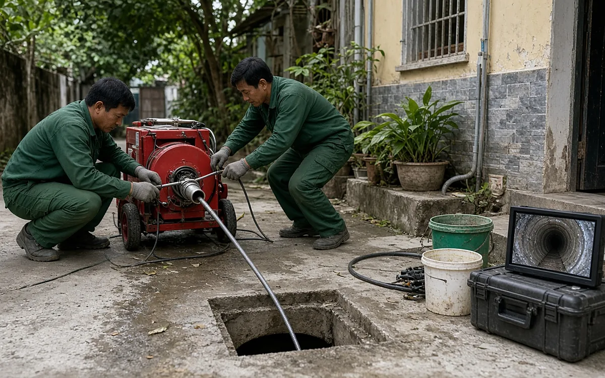 Hai kỹ thuật viên mặc đồng phục xanh đậm, đeo găng tay xám dùng máy thông tắc lò xo màu đỏ đưa dây xuống hố ga mở nắp ngoài sân, bên cạnh là màn hình kiểm tra đặt trên hộp dụng cụ và các xô nhựa
