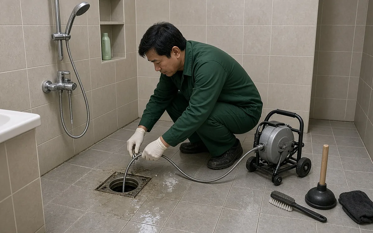 Công nhân đặt máy thông tắc lò xo trên nền gạch phòng tắm, đưa dây lò xo vào ga thoát sàn đã tháo nắp, nước còn đọng quanh miệng thoát