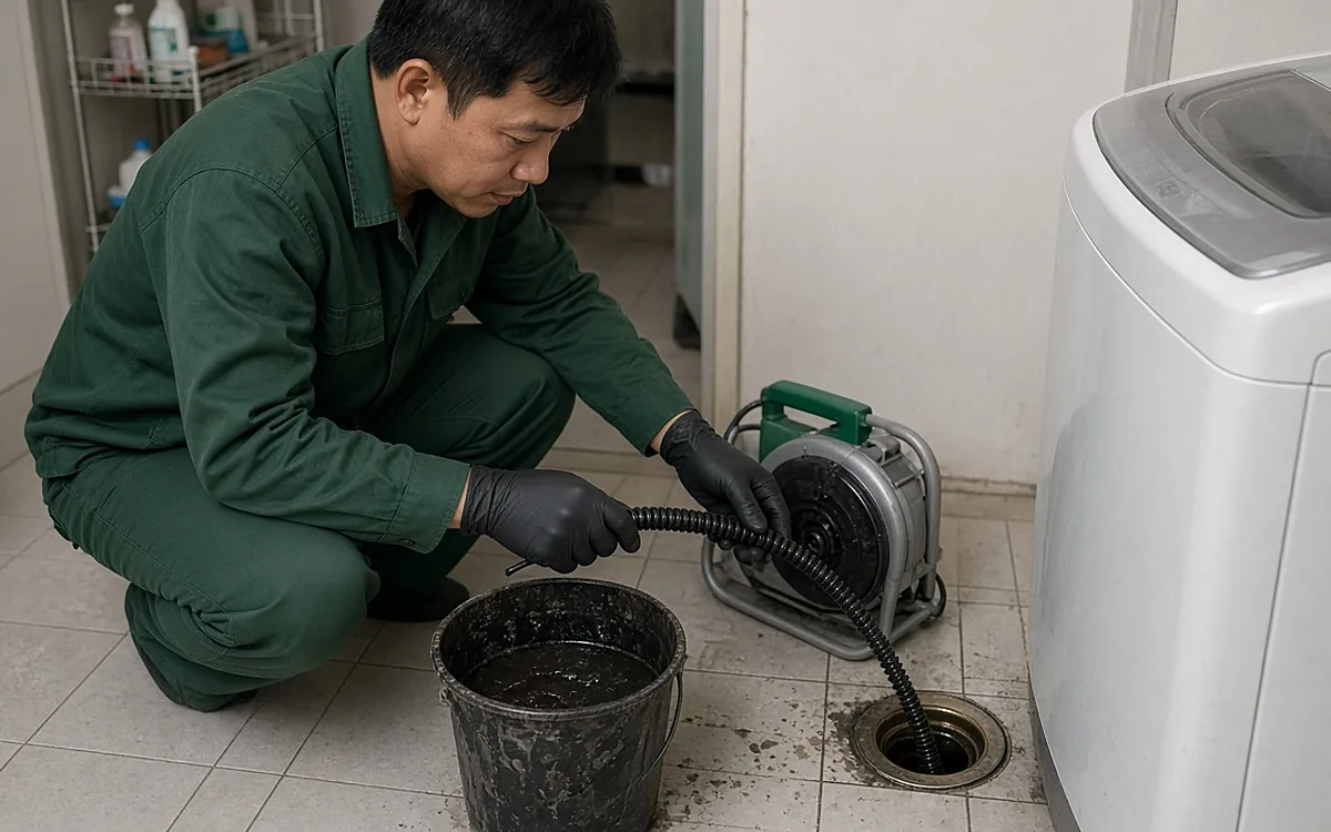 Kỹ thuật viên mặc đồng phục xanh đậm, đeo găng tay đen ngồi cạnh máy giặt cửa trên, đưa dây lò xo của máy thông tắc vào phễu thoát sàn, bên cạnh là xô nhựa đựng cặn bẩn vừa lấy ra