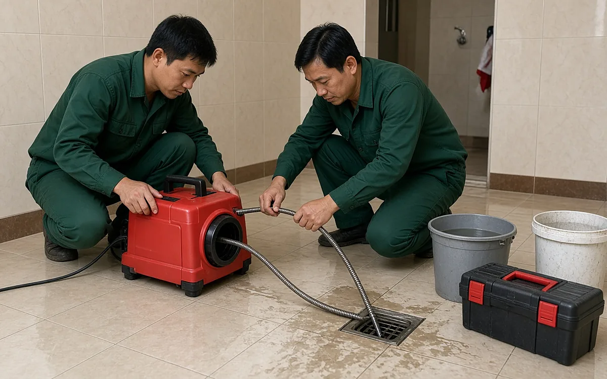 Hai kỹ thuật viên mặc đồng phục xanh đậm ngồi trên nền gạch nhà tắm, dùng máy thông tắc lò xo màu đỏ đưa dây xoắn thép vào phễu thoát sàn, bên cạnh có xô nhựa và hộp dụng cụ màu đen