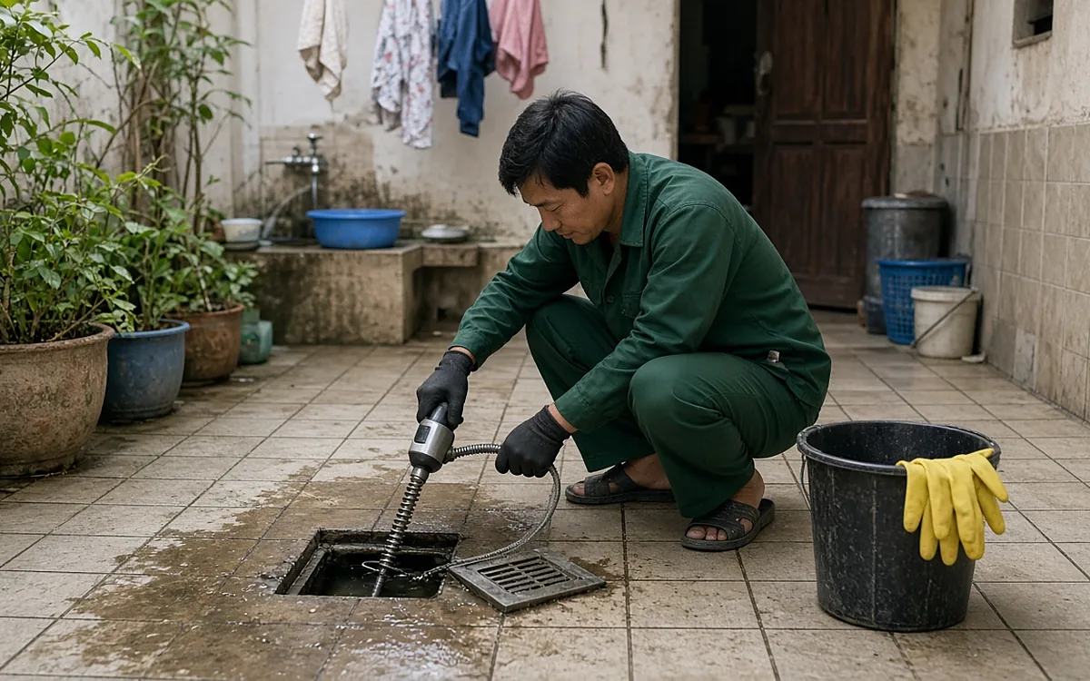 Kỹ thuật viên Môi Trường Việt Yên đồng phục xanh ngồi xổm ở sân sau nhà dân lát gạch, dùng lò xo tay thông ga thoát sàn đọng nước bẩn tại An Dương Hải Phòng