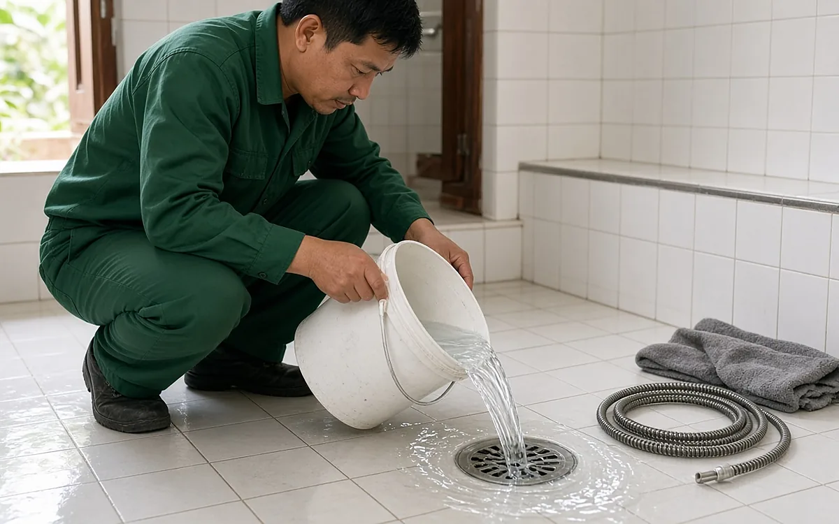 Kỹ thuật viên đồ bảo hộ xanh ngồi xổm đổ xô nước vào miệng thoát sàn phòng tắm lát gạch để thử độ thoát nước sau khi thông tắc, cuộn dây lò xo thông cống đặt trên sàn bên cạnh
