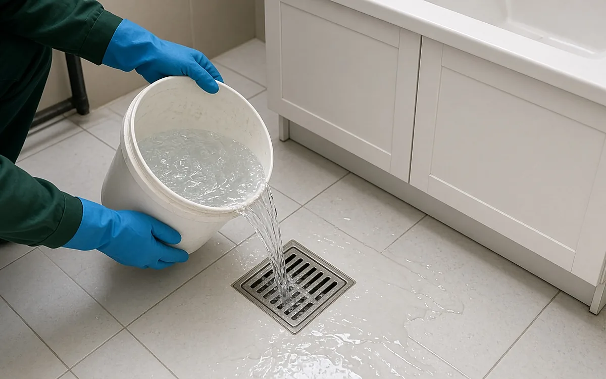 Người thợ mặc áo xanh đậm, đeo găng tay xanh dương đổ xô nước sạch vào thoát sàn inox trong phòng tắm căn hộ lát gạch trắng để thử độ thoát nước