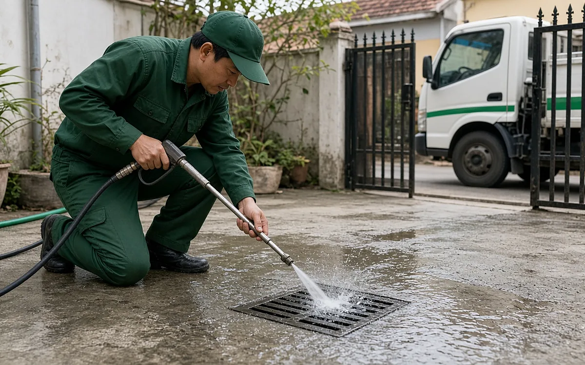 Công nhân dùng súng phun tia nước áp lực cao đưa vào ga thoát sàn ngoài trời, nước phụt mạnh làm sạch đường ống