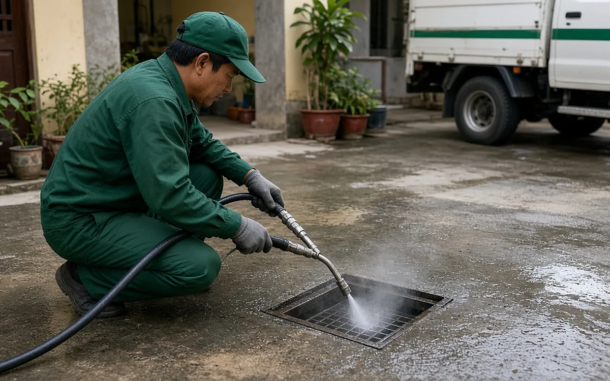 Công nhân đồng phục xanh dùng vòi phun tia nước áp lực cao xả vào ga thoát sàn ngoài sân, xe chuyên dụng trắng sọc xanh đỗ phía sau tại Kiến An