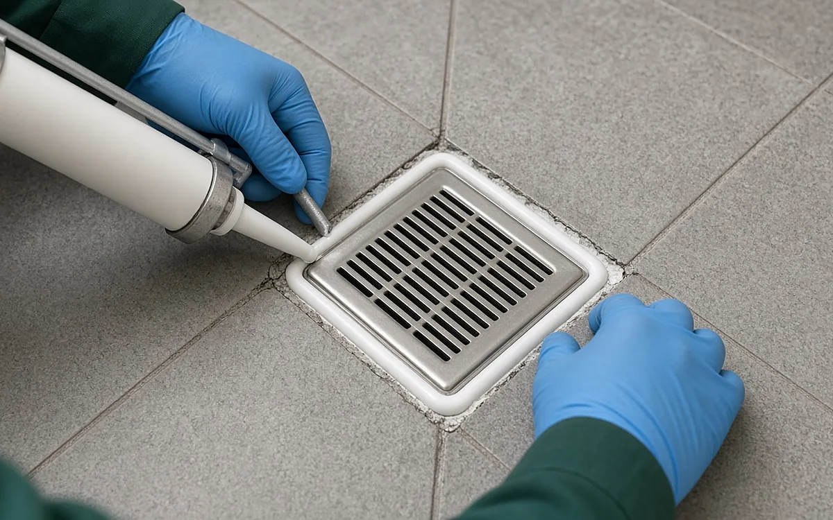 Hai bàn tay đeo găng xanh dương dùng súng bắn keo bơm một đường silicon trắng đều quanh mép thoát sàn inox vuông trên nền gạch xám, vết ron cũ quanh phễu bị nứt vỡ