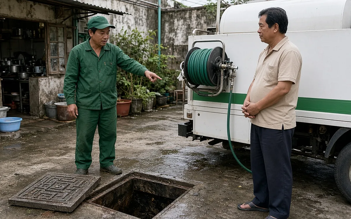 Kỹ thuật viên mặc đồng phục xanh lá đậm, đội mũ lưỡi trai, đứng cạnh hố ga bể tách mỡ đã mở nắp ở sân sau quán ăn, tay chỉ vào khu bếp để giải thích cho người đàn ông trung niên mặc áo màu be, bên phải là xe tải màu trắng sọc xanh có cuộn vòi áp lực màu xanh