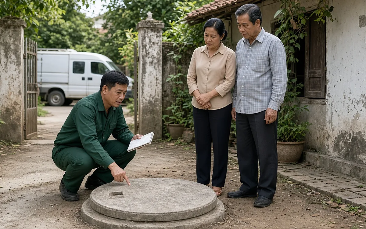 Kỹ thuật viên chỉ vào nắp bể phốt tròn ngoài sân, giải thích tình trạng cho hai vợ chồng chủ nhà ở Vĩnh Bảo