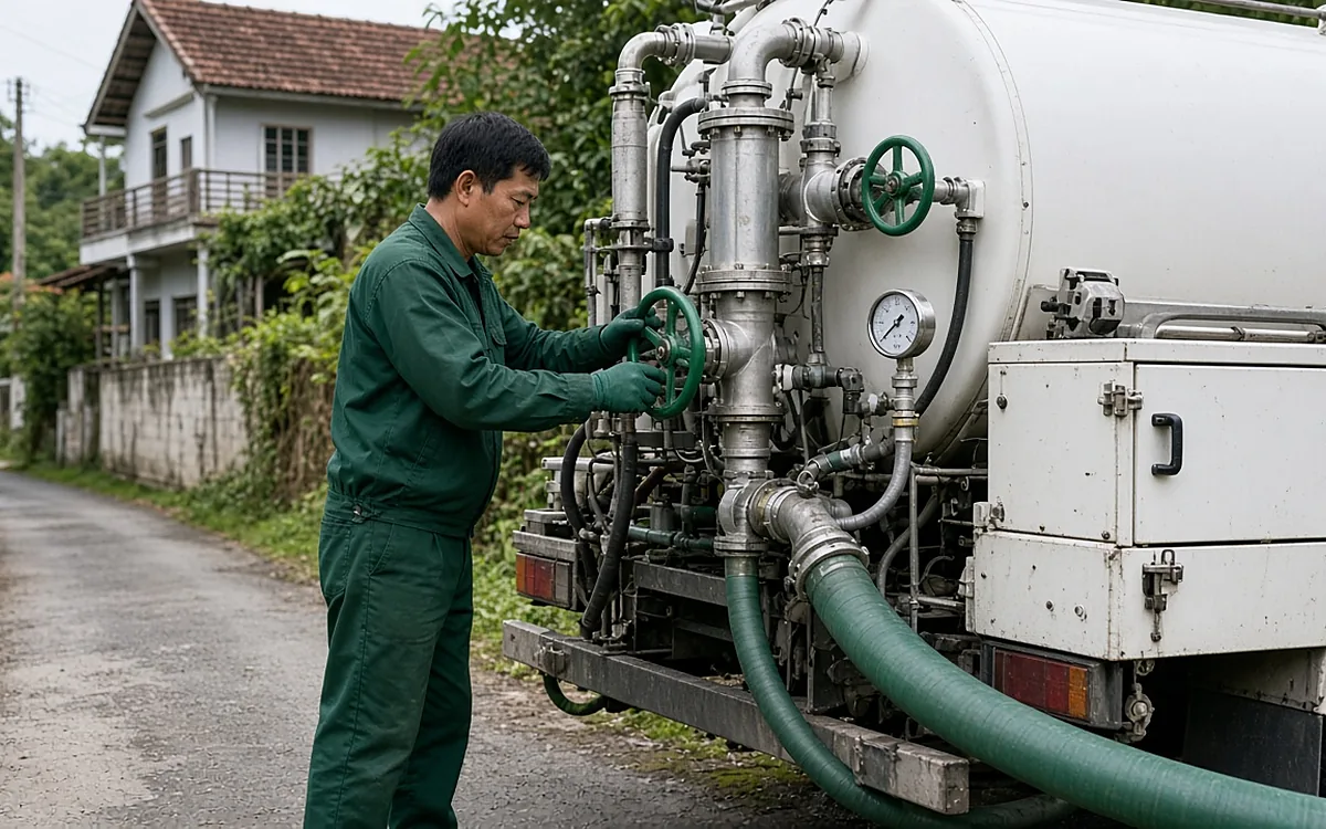 Kỹ thuật viên điều chỉnh van và theo dõi đồng hồ áp suất ở phía sau xe hút bể phốt trên đường làng Tiên Lãng